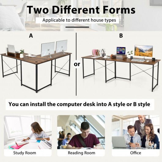 95 Inch 2-Person L-Shaped Long Reversible Computer Desk with Monitor Stand-Rustic Brown - Color: Rustic Brown - Image 3