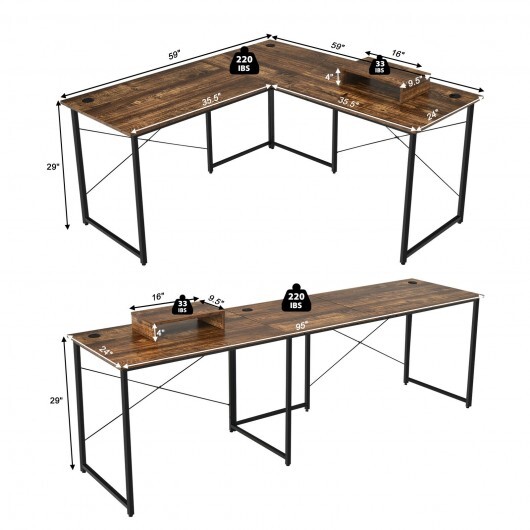 95 Inch 2-Person L-Shaped Long Reversible Computer Desk with Monitor Stand-Rustic Brown - Color: Rustic Brown - Image 4