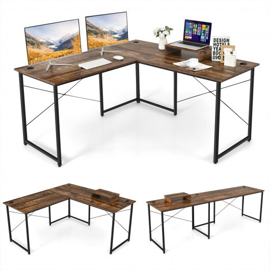95 Inch 2-Person L-Shaped Long Reversible Computer Desk with Monitor Stand-Rustic Brown - Color: Rustic Brown - Image 5