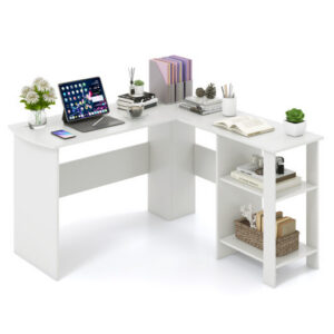 Large Modern L-shaped Computer Desk with 2 Cable Holes and 2 Storage Shelves-White – Color: White