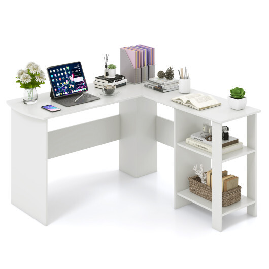 Large Modern L-shaped Computer Desk with 2 Cable Holes and 2 Storage Shelves-White - Color: White