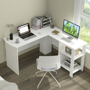 Large Modern L-shaped Computer Desk with 2 Cable Holes and 2 Storage Shelves-White – Color: White