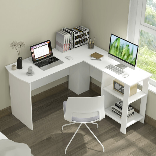 Large Modern L-shaped Computer Desk with 2 Cable Holes and 2 Storage Shelves-White - Color: White - Image 2