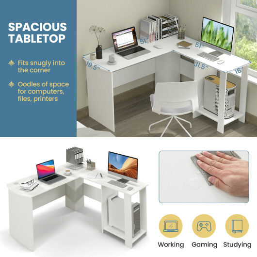 Large Modern L-shaped Computer Desk with 2 Cable Holes and 2 Storage Shelves-White - Color: White - Image 3