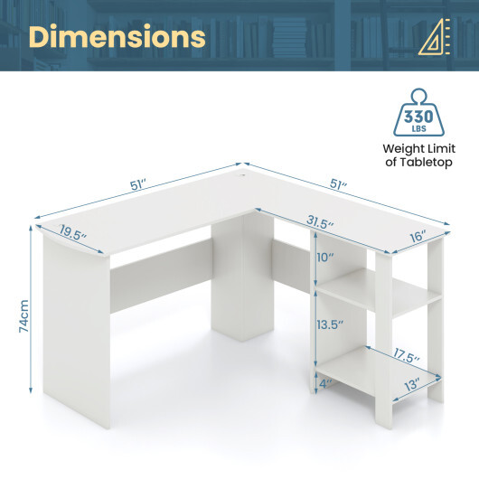 Large Modern L-shaped Computer Desk with 2 Cable Holes and 2 Storage Shelves-White - Color: White - Image 4
