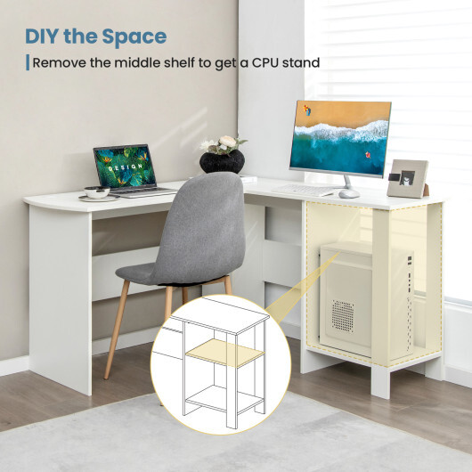 Large Modern L-shaped Computer Desk with 2 Cable Holes and 2 Storage Shelves-White - Color: White - Image 5