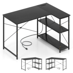 L-shaped 47 Inch Reversible Corner Desk with Adjustable Storage Shelves-Black – Color: Black