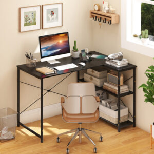 L-shaped 47 Inch Reversible Corner Desk with Adjustable Storage Shelves-Black – Color: Black
