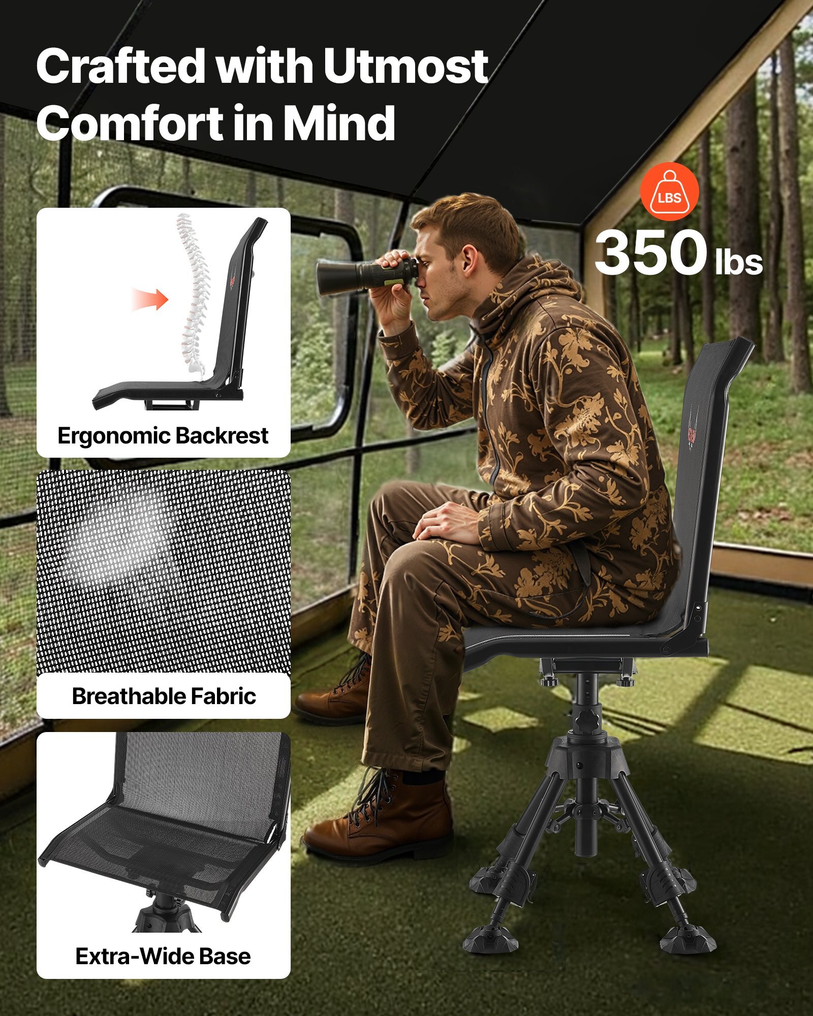 Hunting Chair, 360?° Silent Swivel, Foldable Portable Blind Chair, Heavy-Duty Steel Frame Ground Stool Seat with Anti-Sink Swivel Feet, Height Adjustable, 350 Lbs Capacity for Fishing Camping