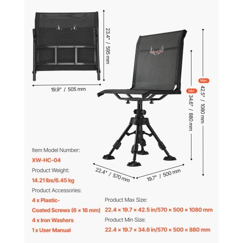 Hunting Chair, 360?° Silent Swivel, Foldable Portable Blind Chair, Heavy-Duty Steel Frame Ground Stool Seat with Anti-Sink Swivel Feet, Height Adjustable, 350 Lbs Capacity for Fishing Camping - Image 6