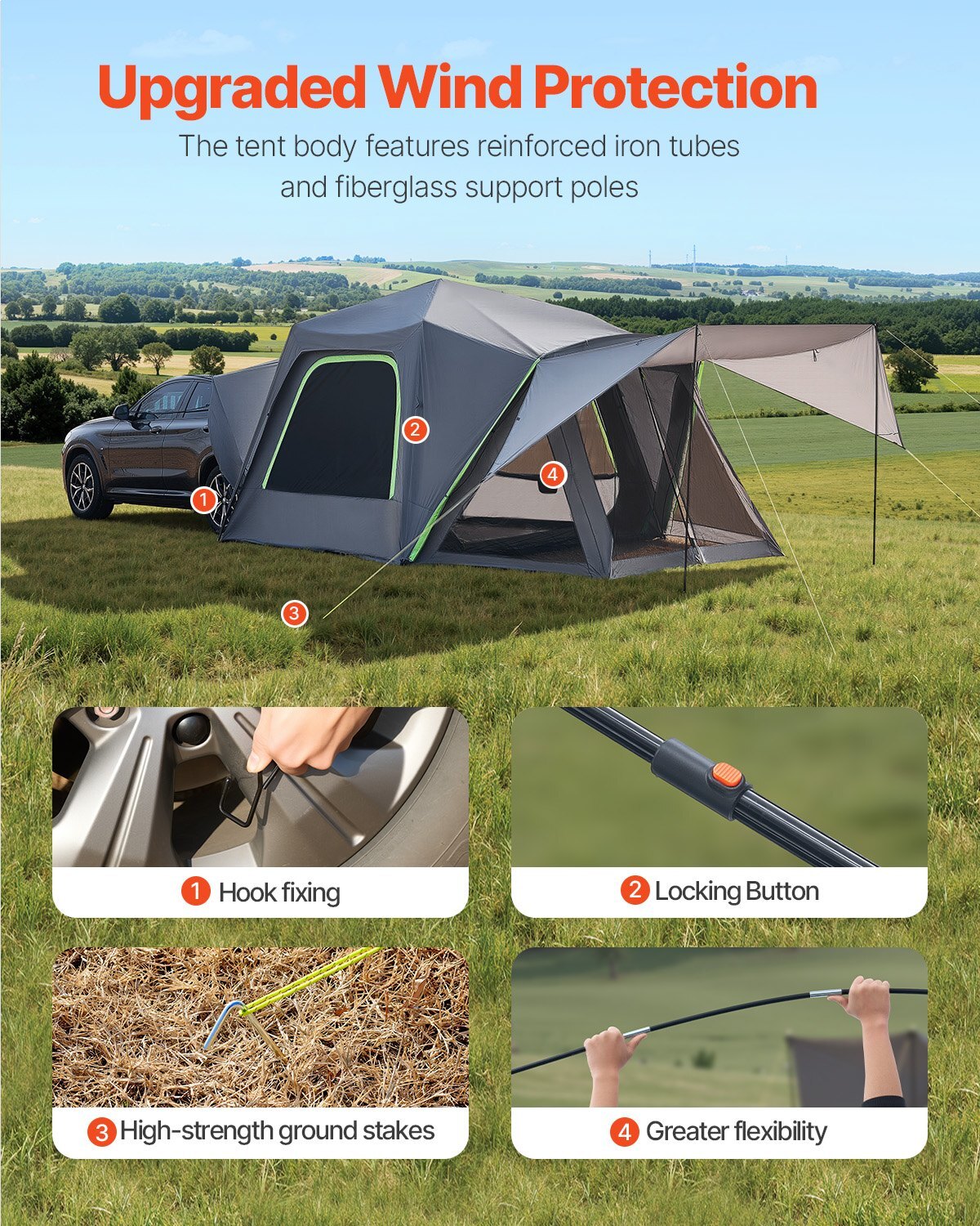 SUV Tent for Camping, 10FT L x 10FT W, Waterproof PU2000mm Spacious Double Layer Design for 5-8 Person, SUV Camping Tent with Shade Awning and Mesh Windows, Includes Rainfly and Storage Bag - Image 2