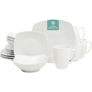 16 Pieces – White Square Porcelain Dinnerware Set – Service for 4