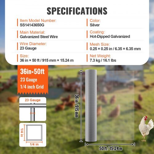 Hardware Cloth 1/4 inch 36 inch x 50 ft 23 Gauge Chicken Wire Fence, Hot-Dip Galvanized After Welding Metal Wire Mesh Roll, Garden Plant Welded Fencing Roll Supports Poultry Netting Cage Fence - Image 6