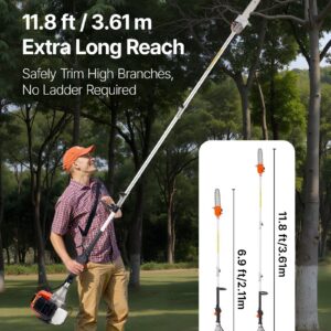 Gas Pole Saw, 43CC 2 Stroke Gas Powered Pole Saws with 10 in Cutting Bar, Cordless Tree Trimmer with Rotatable Head, 6.9 to 11.8 ft Extendable, Powerful Chainsaw for Tree Trimming Pruning