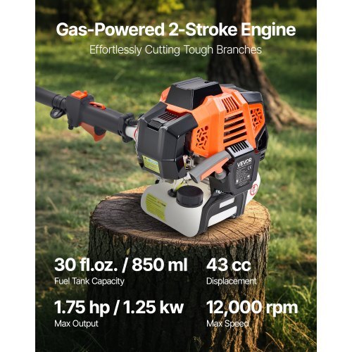 Gas Pole Saw, 43CC 2 Stroke Gas Powered Pole Saws with 10 in Cutting Bar, Cordless Tree Trimmer with Rotatable Head, 6.9 to 11.8 ft Extendable, Powerful Chainsaw for Tree Trimming Pruning - Image 2