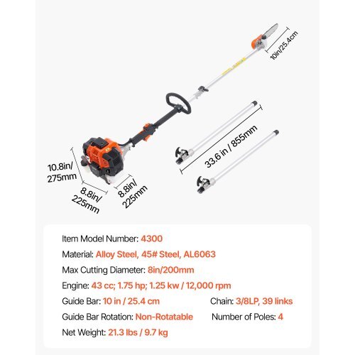 Gas Pole Saw, 43CC 2 Stroke Gas Powered Pole Saws with 10 in Cutting Bar, Cordless Tree Trimmer with Rotatable Head, 6.9 to 11.8 ft Extendable, Powerful Chainsaw for Tree Trimming Pruning - Image 6