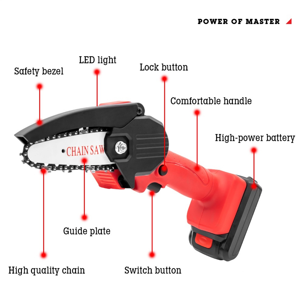 Mini Electric Chain Saw Woodworking Lithium Battery Chainsaw Wood Cutter Cordless Garden Rechargeable Tool Red European plug - Image 6