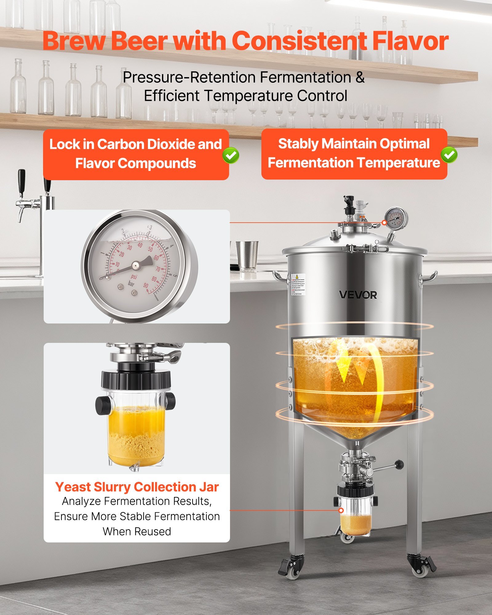 Pressure Fermenter 15 PSI, 16 Gal/60L All-in-One Stainless Steel Conical Secondary Fermentation Bucket, with Cooling Tube, Yeast Slurry Collection Bottle, for Wine, Beer Brewing Equipment