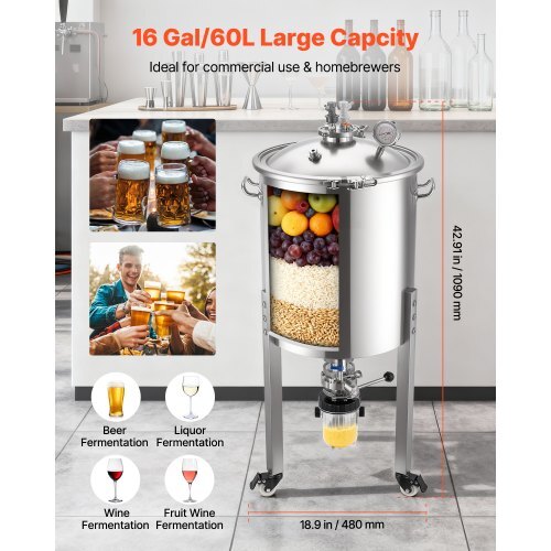 Pressure Fermenter 15 PSI, 16 Gal/60L All-in-One Stainless Steel Conical Secondary Fermentation Bucket, with Cooling Tube, Yeast Slurry Collection Bottle, for Wine, Beer Brewing Equipment - Image 4