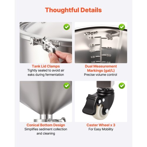 Pressure Fermenter 15 PSI, 16 Gal/60L All-in-One Stainless Steel Conical Secondary Fermentation Bucket, with Cooling Tube, Yeast Slurry Collection Bottle, for Wine, Beer Brewing Equipment - Image 5