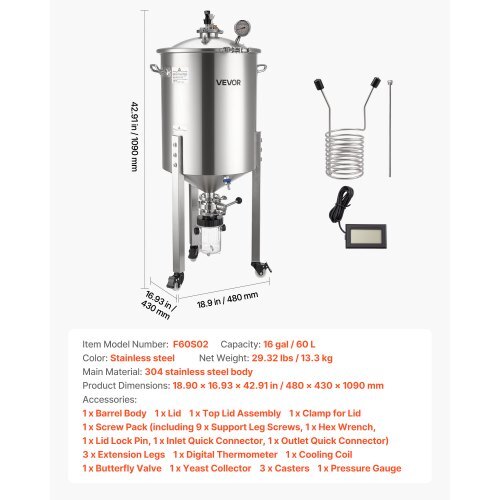 Pressure Fermenter 15 PSI, 16 Gal/60L All-in-One Stainless Steel Conical Secondary Fermentation Bucket, with Cooling Tube, Yeast Slurry Collection Bottle, for Wine, Beer Brewing Equipment - Image 6