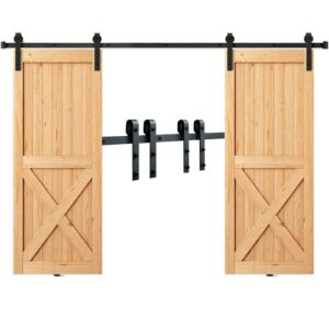 8FT Sliding Barn Door Hardware Kit, 330LBS Heavy Duty Barn Door Track Kit for Double Doors, Fit 3.7-4.3FT Total Wide and 1.3″-1.8″ Thick 2 Door Panel, with Smooth & Silent Pulley (J Shape)