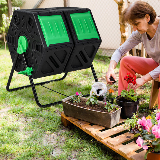 Dual Chamber Garden Compost Tumbler with Sliding Doors-Black & Green - Image 2