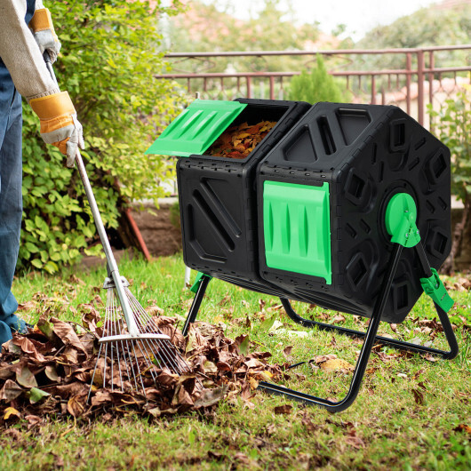 Dual Chamber Garden Compost Tumbler with Sliding Doors-Black & Green - Image 3