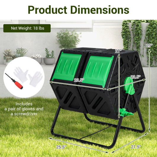 Dual Chamber Garden Compost Tumbler with Sliding Doors-Black & Green - Image 5