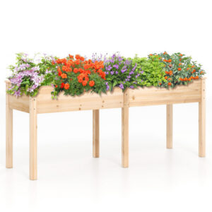 Fir Wood Outdoor Raised Garden Bed with Divider Panel and Drainage Holes-Natural – Color: Natural