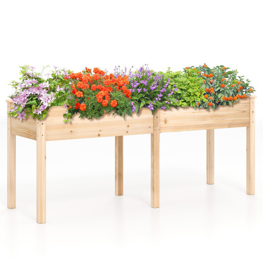 Fir Wood Outdoor Raised Garden Bed with Divider Panel and Drainage Holes-Natural - Color: Natural