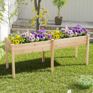 Fir Wood Outdoor Raised Garden Bed with Divider Panel and Drainage Holes-Natural – Color: Natural