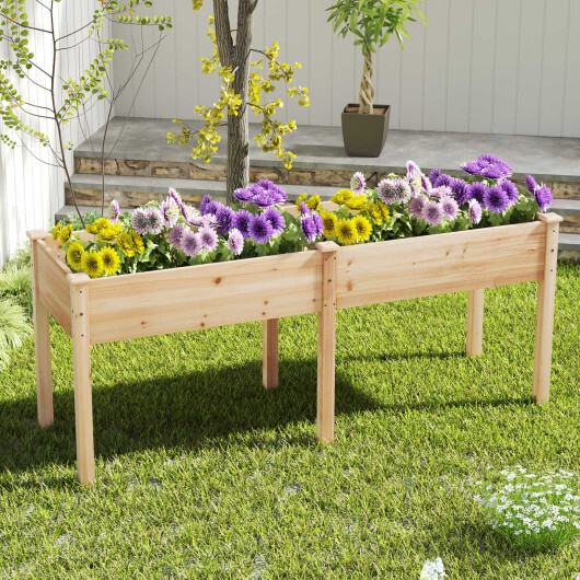 Fir Wood Outdoor Raised Garden Bed with Divider Panel and Drainage Holes-Natural - Color: Natural - Image 2