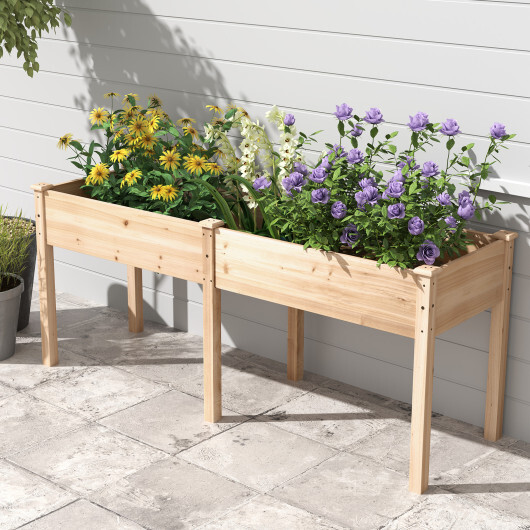 Fir Wood Outdoor Raised Garden Bed with Divider Panel and Drainage Holes-Natural - Color: Natural - Image 3