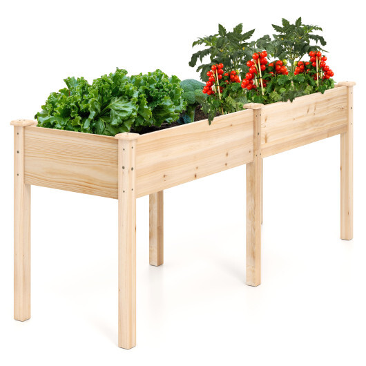 Fir Wood Outdoor Raised Garden Bed with Divider Panel and Drainage Holes-Natural - Color: Natural - Image 4