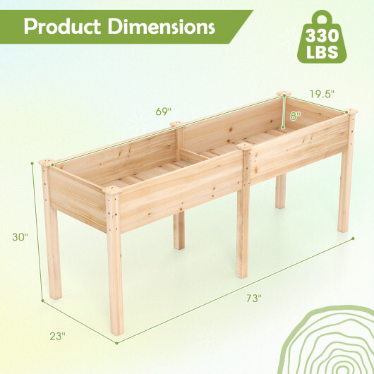 Fir Wood Outdoor Raised Garden Bed with Divider Panel and Drainage Holes-Natural - Color: Natural - Image 5
