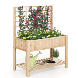 Raised Garden Bed with Trellis Wooden Elevated Planter Box with Legs-Natural – Color: Natural