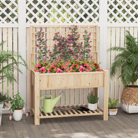 Raised Garden Bed with Trellis Wooden Elevated Planter Box with Legs-Natural - Color: Natural - Image 2