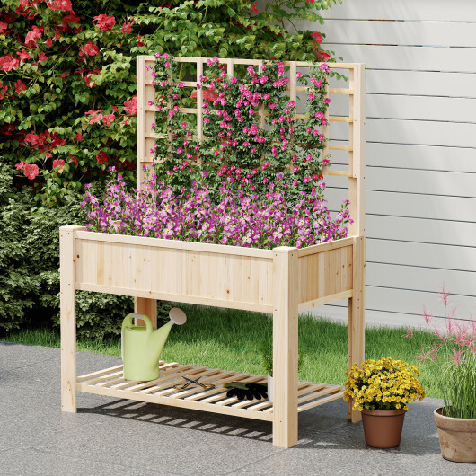Raised Garden Bed with Trellis Wooden Elevated Planter Box with Legs-Natural - Color: Natural - Image 3