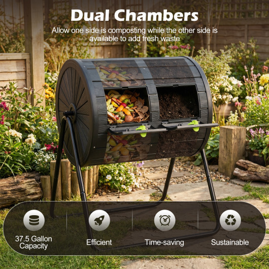 Compost Tumbler 37.5 Gallon Large Outdoor Compost Bin-Black - Color: Black - Image 5