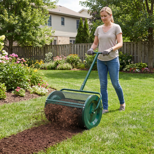 Compost Spreader 24 Inch Peat Moss Spreader Roller with Height-adjustable T-shape Handle-Green - Image 2