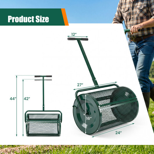 Compost Spreader 24 Inch Peat Moss Spreader Roller with Height-adjustable T-shape Handle-Green - Image 4