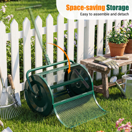 Compost Spreader 24 Inch Peat Moss Spreader Roller with Height-adjustable T-shape Handle-Green - Image 5