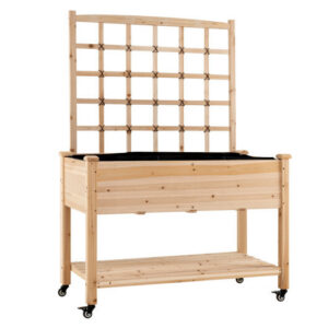 Wooden Mobile Raised Garden Bed on Wheels with Trellis-Natural – Color: Natural