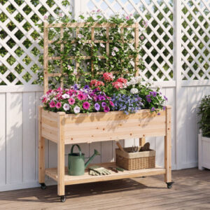 Wooden Mobile Raised Garden Bed on Wheels with Trellis-Natural – Color: Natural