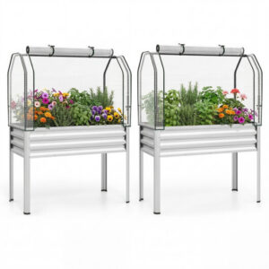 2 Pieces Galvanized Raised Garden Bed with Legs and Greenhouse Cover for Vegetable Flower-Silver – Color: Silver