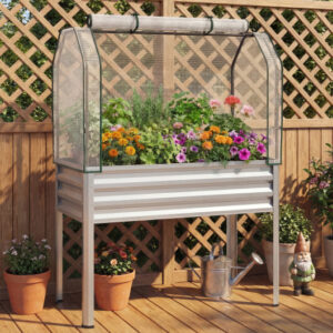 2 Pieces Galvanized Raised Garden Bed with Legs and Greenhouse Cover for Vegetable Flower-Silver – Color: Silver