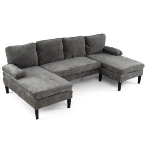U-shaped Sectional Couch with Double Chaise for Living Room-Grey – Color: Gray