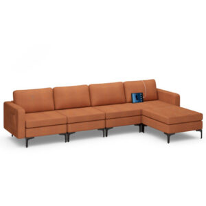 Modular L-shaped Sectional Sofa with Reversible Ottoman and 2 USB Ports-Orange – Color: Orange