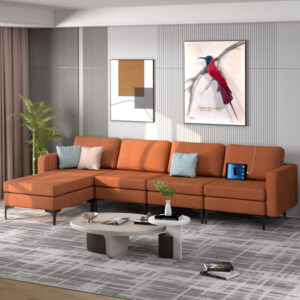 Modular L-shaped Sectional Sofa with Reversible Ottoman and 2 USB Ports-Orange – Color: Orange